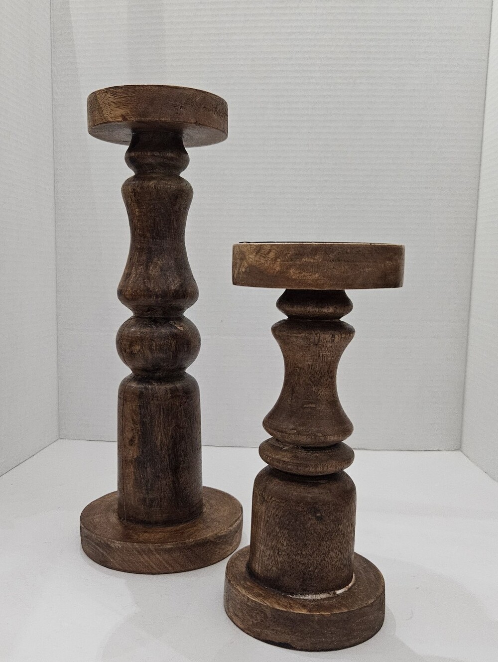 Chunky Turned Wood Pillar Candle Holders Staggered Set of 2